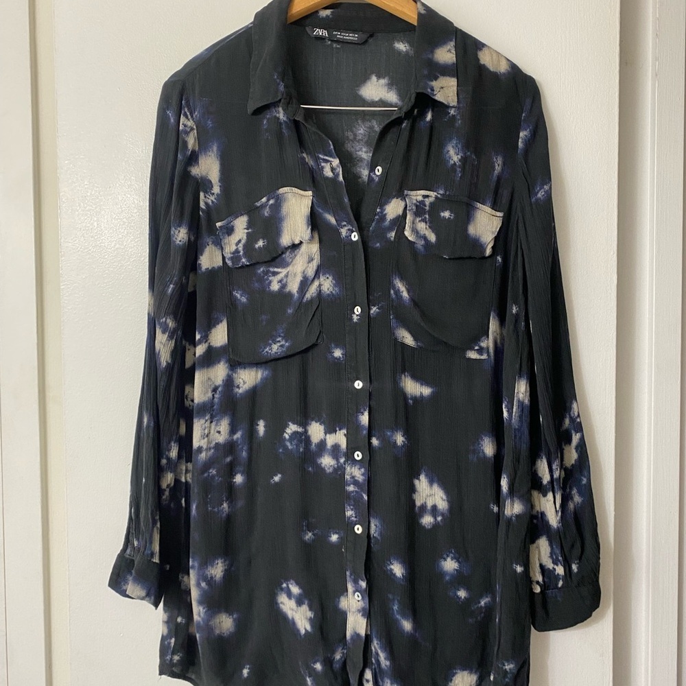 Zara Black Pink and Blue Tie-Dye Button Down Tunic Blouse Sz.M - Picture 7 of 7